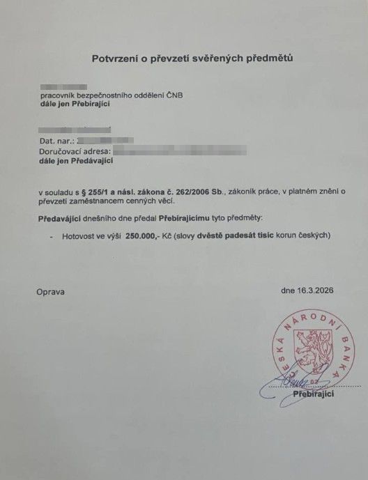 "Potvrzení o převzetí svěřených předmětů"