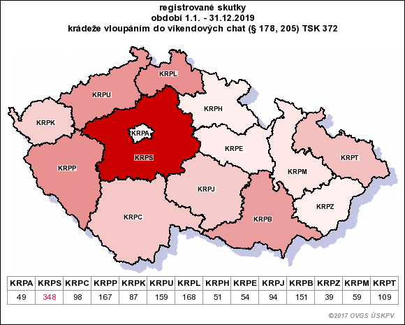 2019 - mapa nápadu krádeže vloupáním do rekreačních objektů