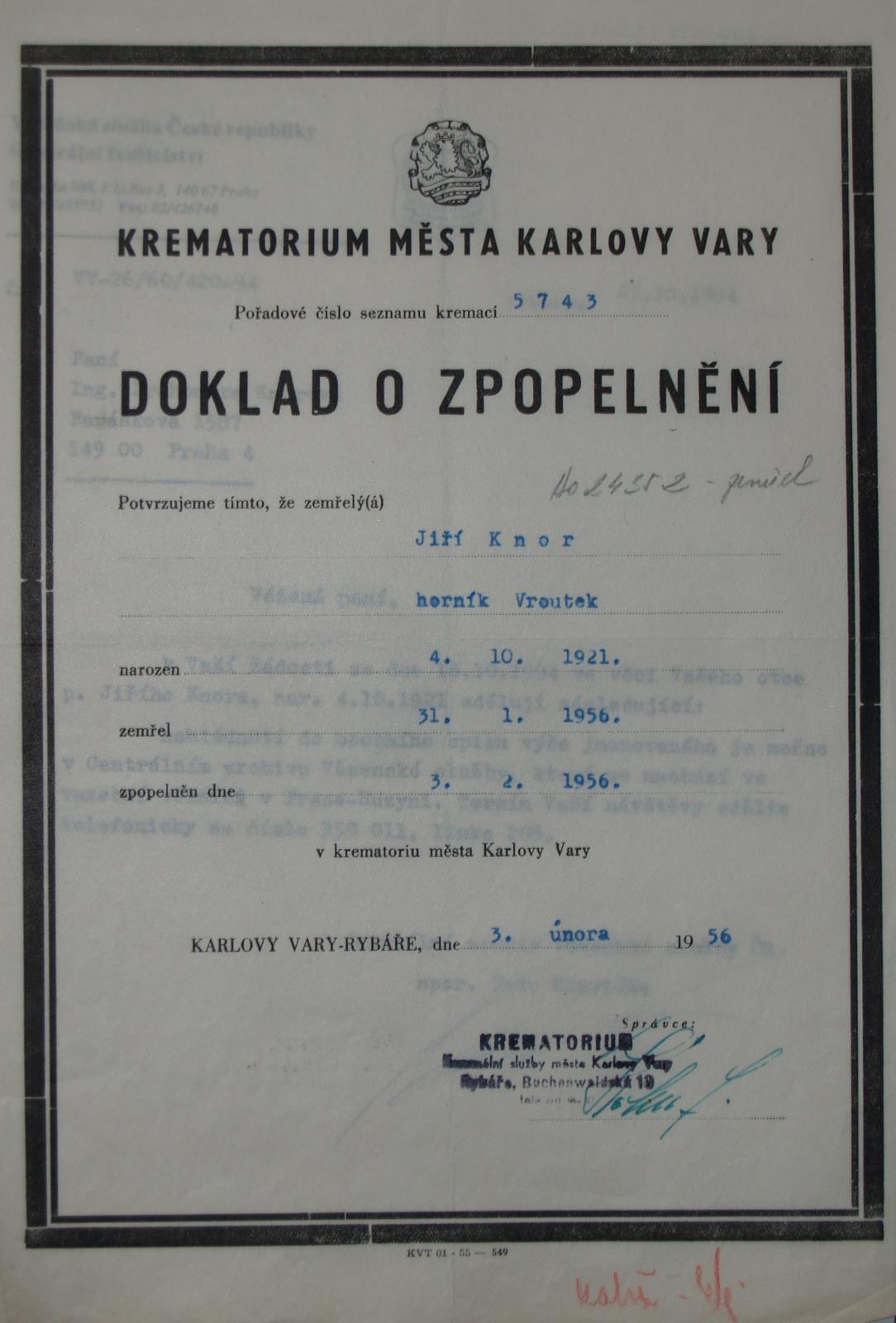 Doklad o zpopelnění těla Jiřího Knora.JPG