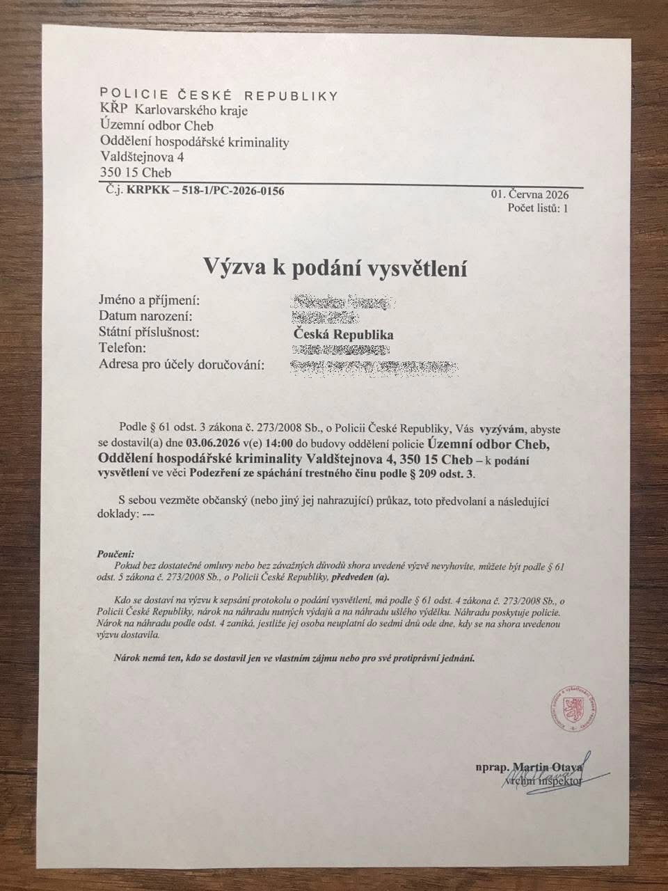 Falešné dokumenty od podvodníka
