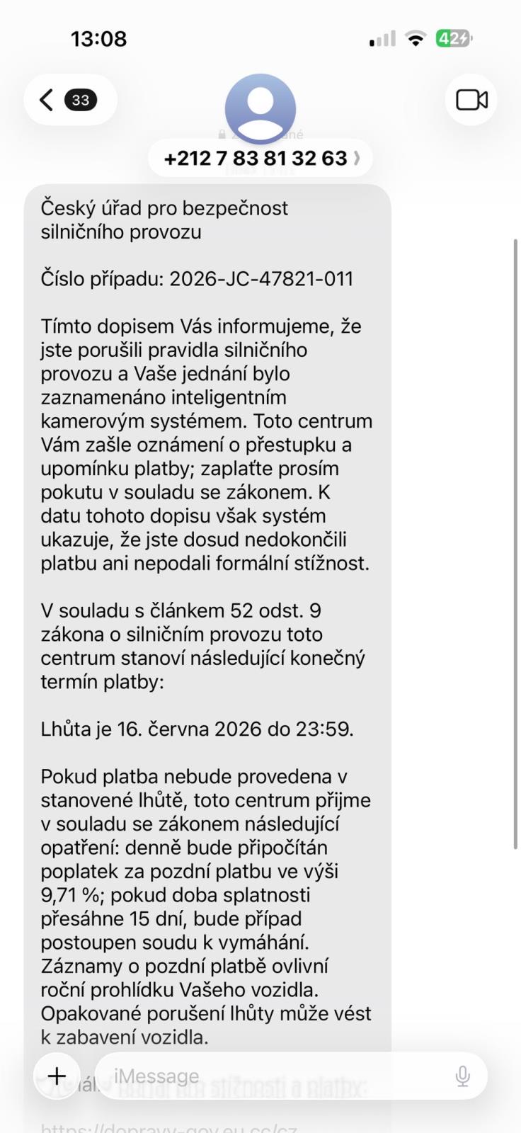 Vzor podvodné sms zprávy