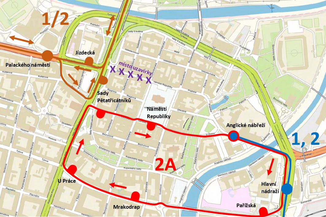mapa s vedením tramvají
