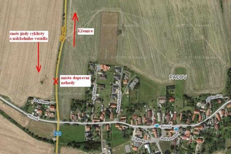 situační mapa dopravní nehody Křenice-Pacov
