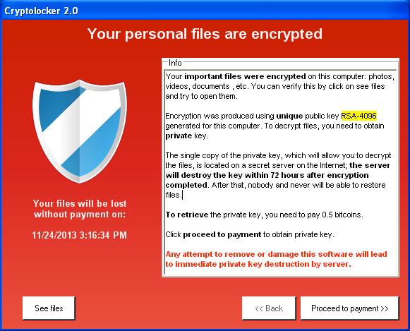 zobrazované "uživatelské prostředí" viru Cryptolocker
